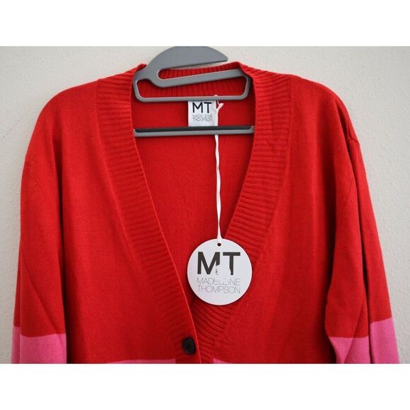 Madeleine Thompson Women's Sz M Red & Pink Striped Del Ray Cardigan Sweater - Picture 3 of 7